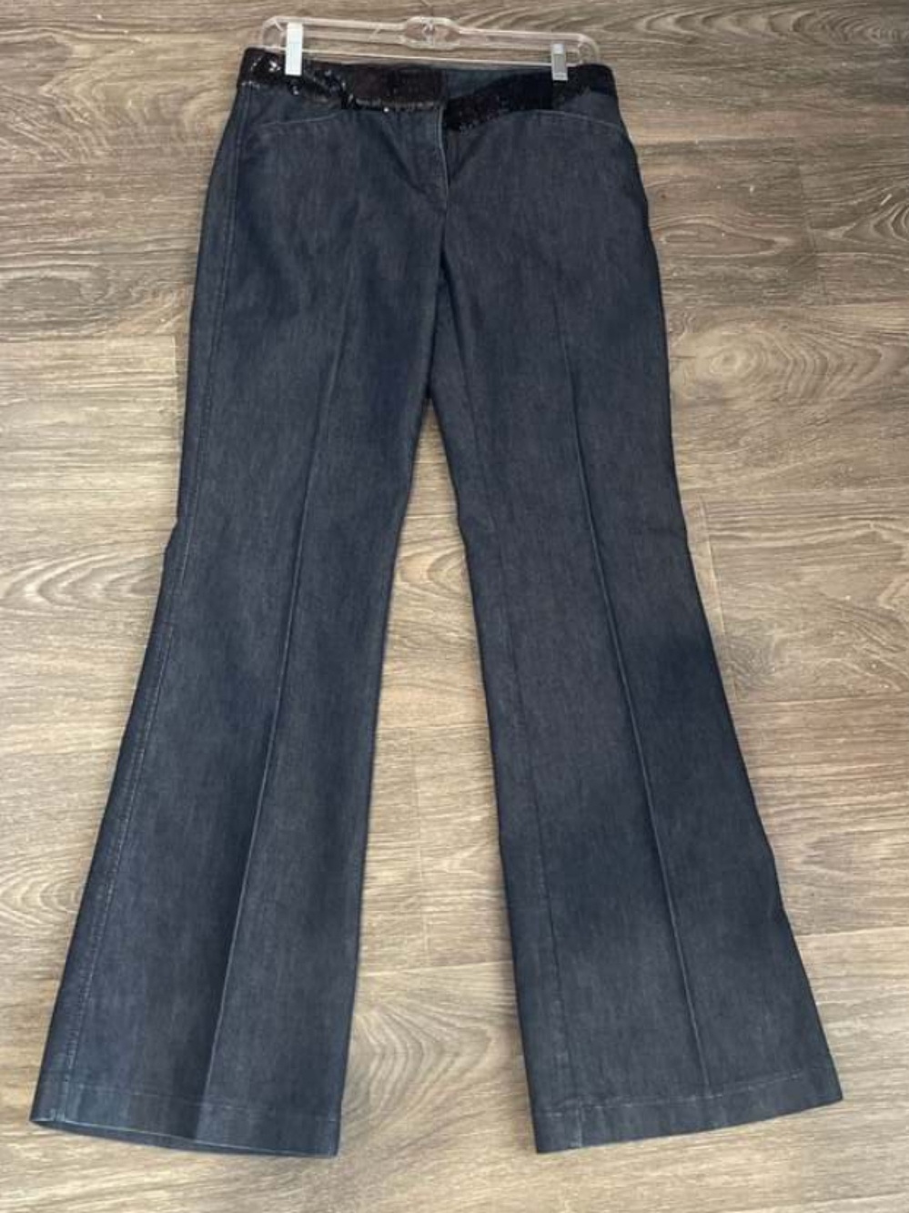 Express Design Studio Editor Wide Leg Flare Jeans with Sequin Waistband